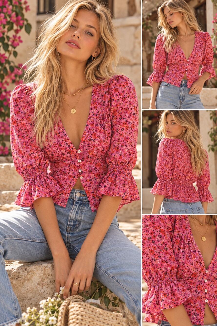 Free People I Found You Blouse L Party Combo Pink Floral Puff Sleeve Boho Cotton